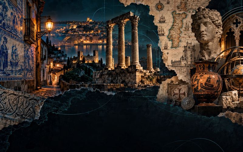 Collage of Portuguese tiles, ancient ruins, a torn map, a classical bust and a city glowing at night