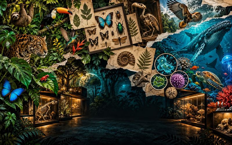 Collage of rainforest, animals, butterflies, fossils, marine life and museum display cases