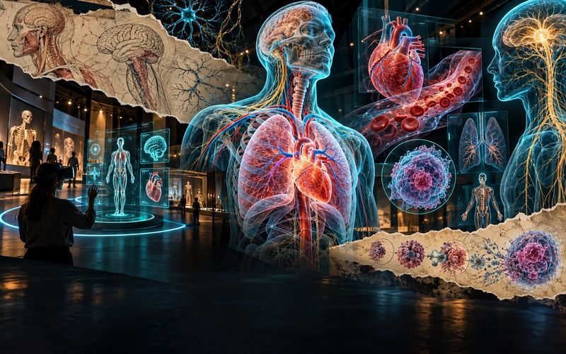 Immersive gallery with a translucent human body, heart, lungs, cells and glowing science diagrams