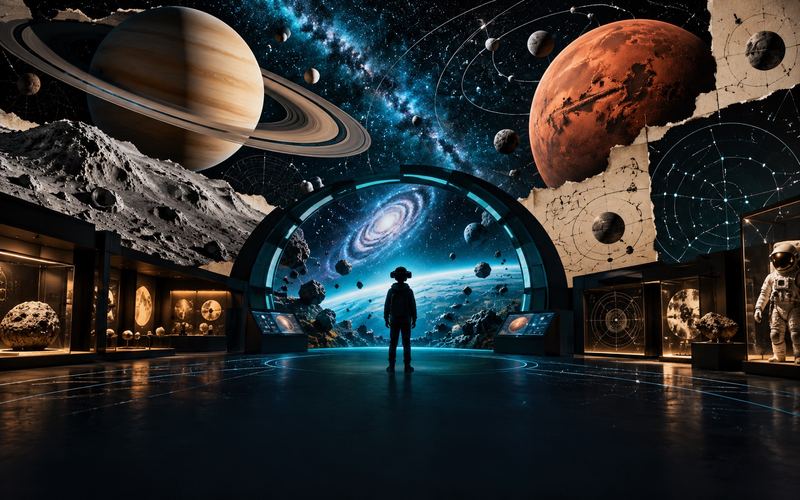 A visitor stepping through a glowing portal into a gallery of planets and space exhibits