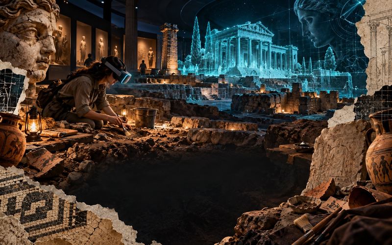 Person wearing a virtual reality headset at an archaeological dig with an ancient temple rendered as a blue hologram